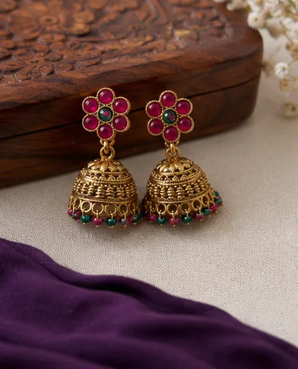 Multicolor Kemp Floral Jhumkas with Pearl Beads